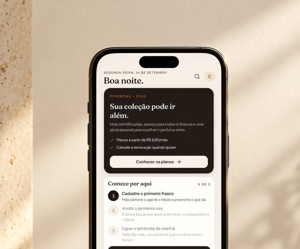 Tela Hoje do aplicativo Perfumaria, com a jornada inicial e o acesso aos planos