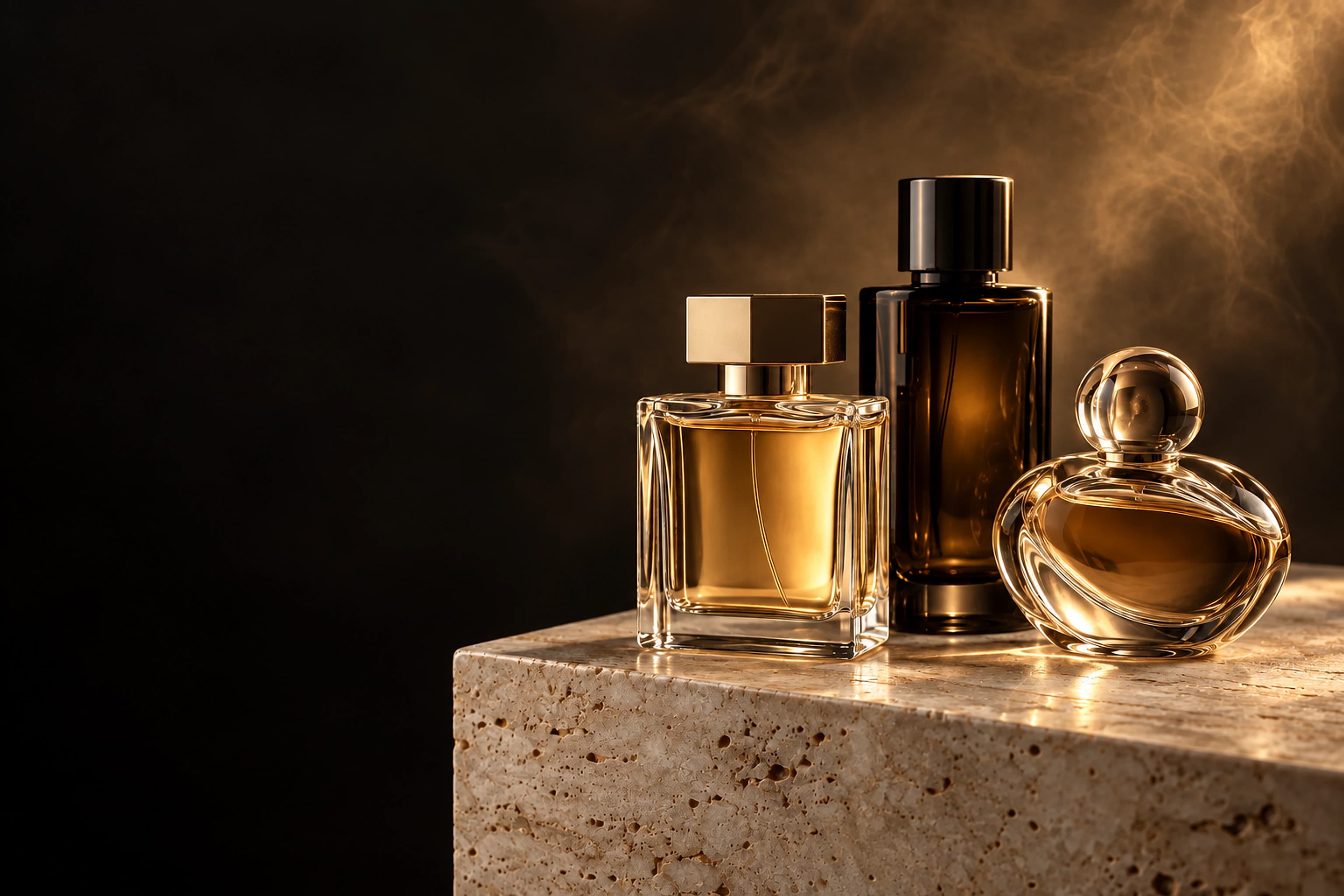 Três frascos de perfume em uma composição editorial
